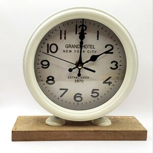 Retro Art Deco Table Clock Beige Metal With Wooden Stand Battery MCM Tested
